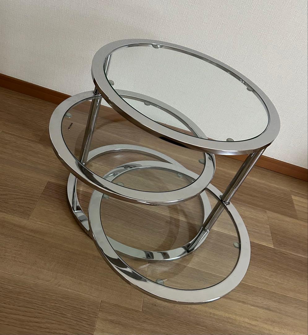 ミッドセンチュリー　北欧ラウンドテーブル3段ガラススライドテーブル☆たのメル便