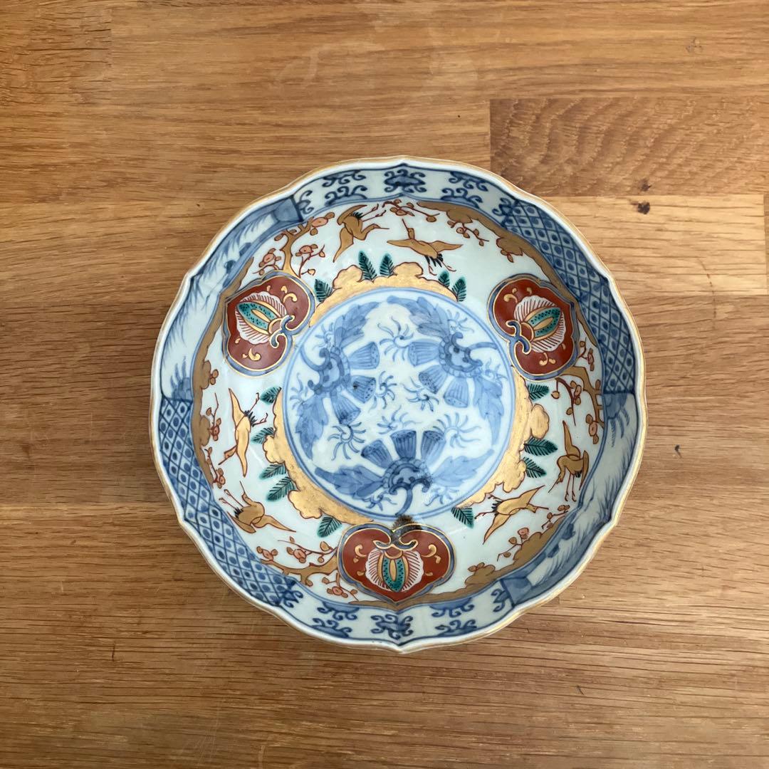古伊万里 江戸中期色絵金彩染付 なます皿 花リム鉢 古道具 アンティーク 骨董