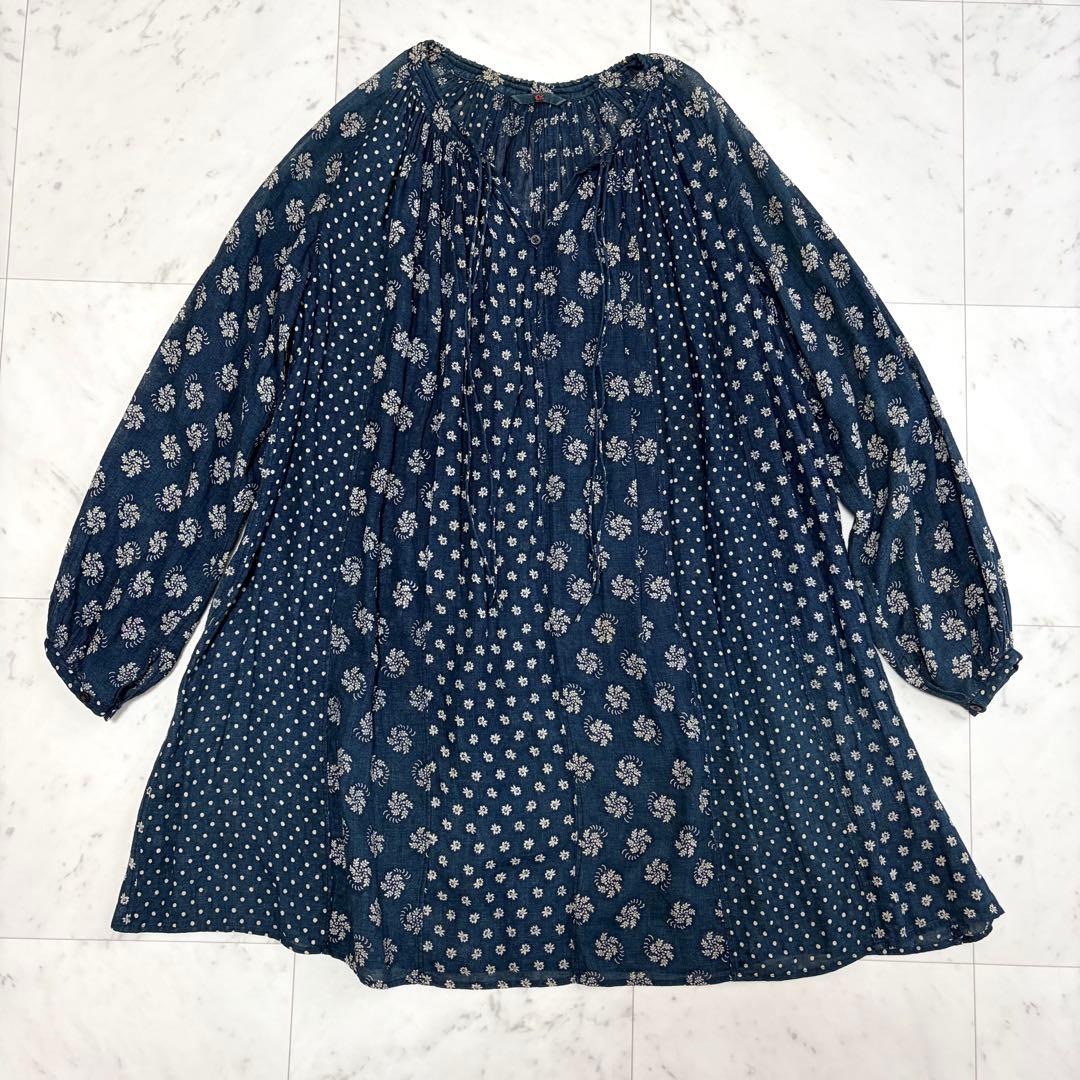 45R インディゴ 小花柄 ドット パッチワークチュニック ブラウス サイズ3