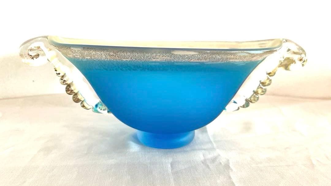 き*ば様 ガラス工芸 黒木国昭 金彩 オーシャンブルー 花器 鉢 器 硝子【CK