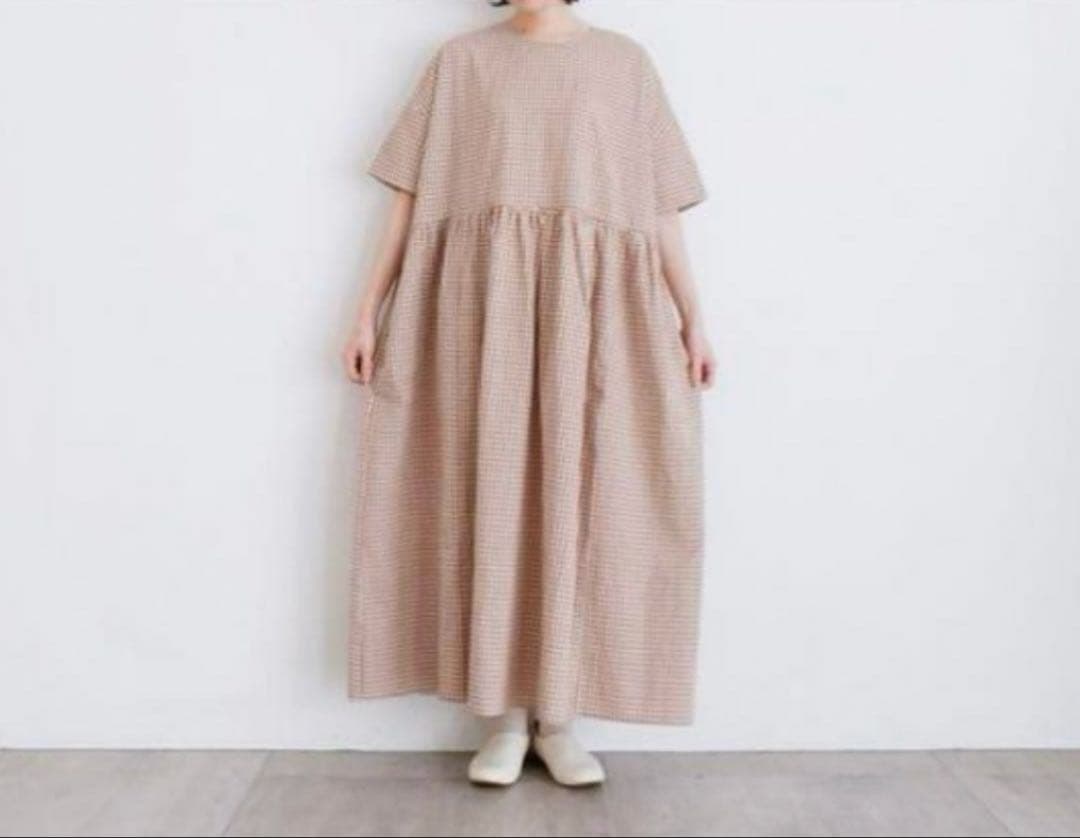 オオカミとフクロウ　ゆべしコラボ ギンガムチェック 半袖ロングワンピース