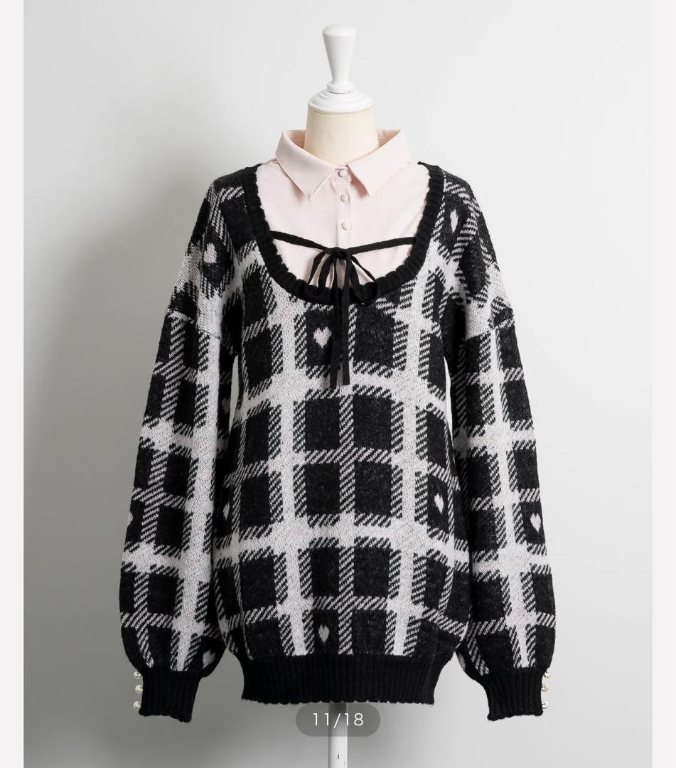 pium ハートチェックレイヤードニットワンピース　ブラック　ぴうむ