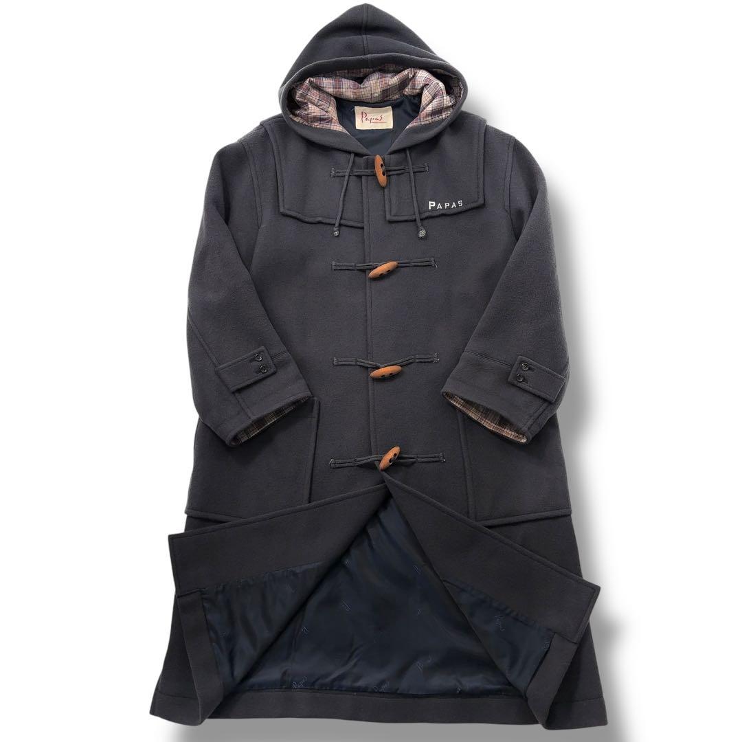 【美品】PaPas パパス ダッフルコート チェック　木製トグル　ダークネイビー