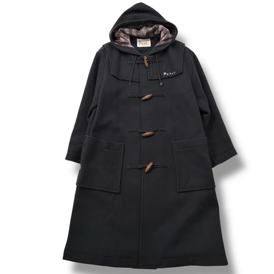 【美品】PaPas パパス ダッフルコート チェック　木製トグル　ダークネイビー