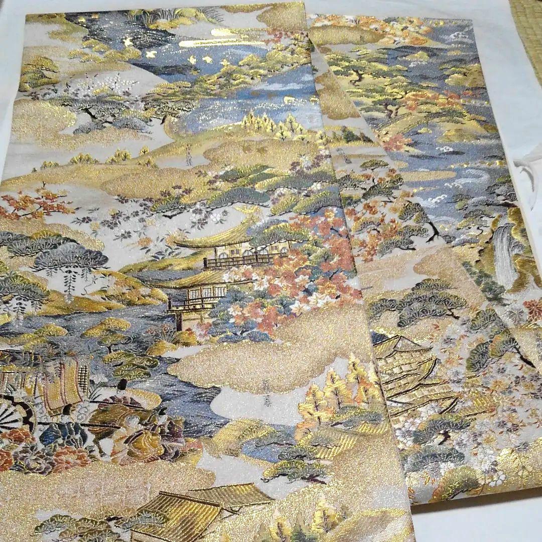 No.424　袋帯　全通　本金箔　刺繍　至宝綴織　仕立済　正絹　着物　新品未使用