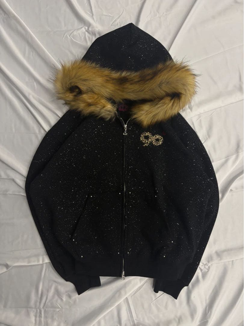 9090 girl 90 Logo Glitter Fur zipセットアップL