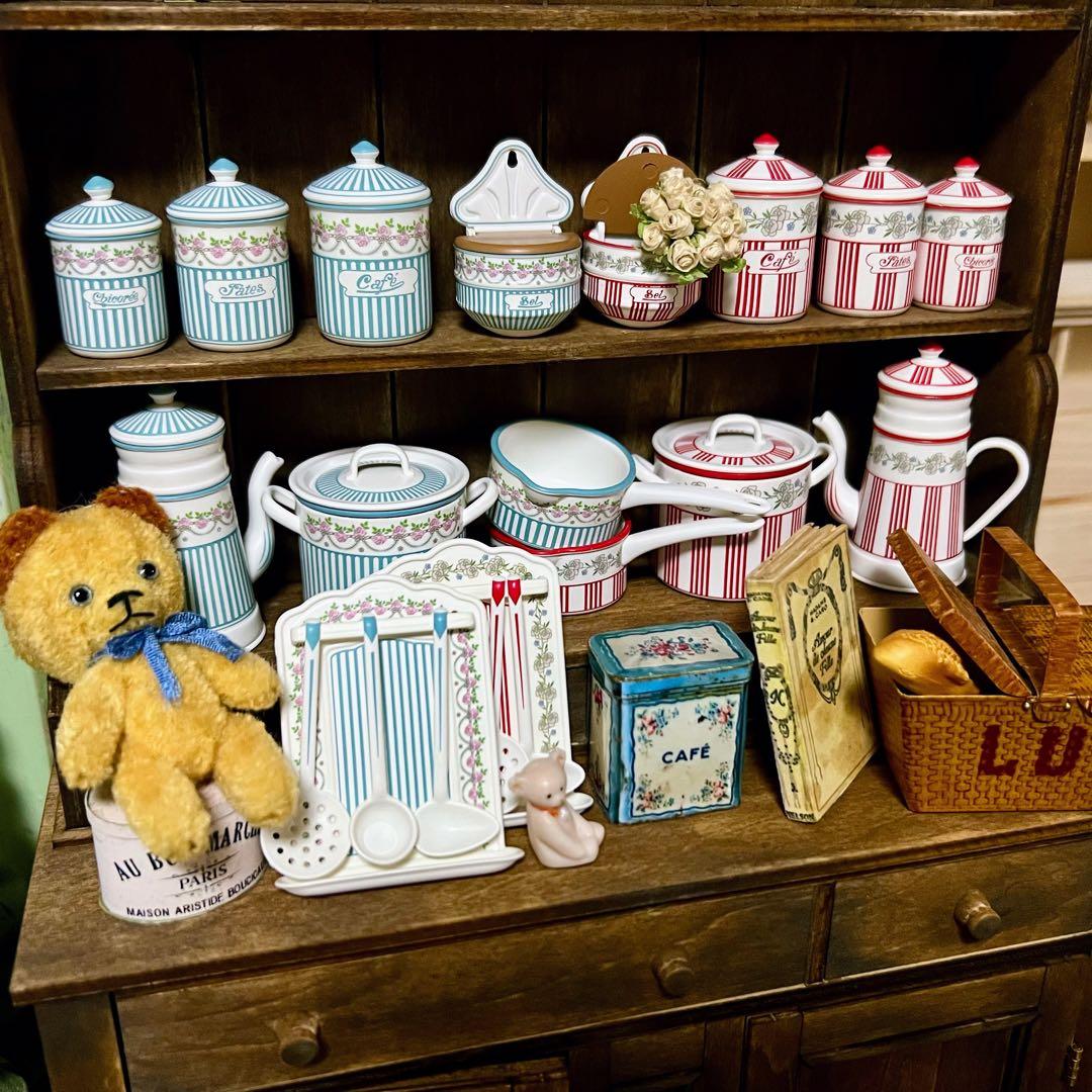 BB社ローズガーランド風　ブルーストライプ　フランスアンティーク　ミニチュア