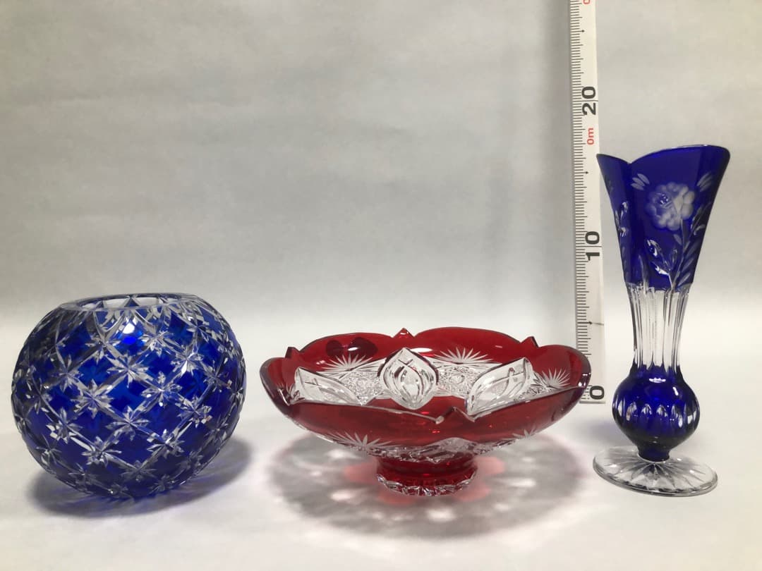 江戸切子丸型花瓶　クリスタル一輪挿し　ボヘミア小鉢　3点セット