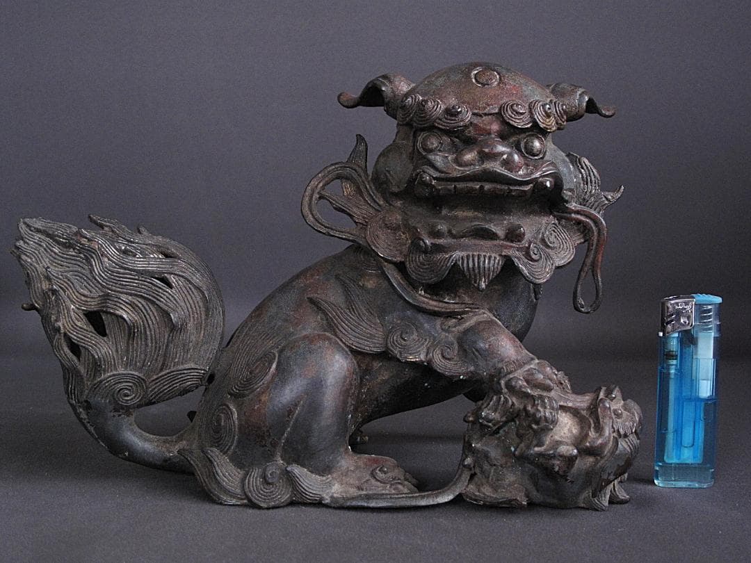 最終値下げ‼️ 金工細工『古銅 親子獅子置物』明治期　高18㎝/ 3.45㎏