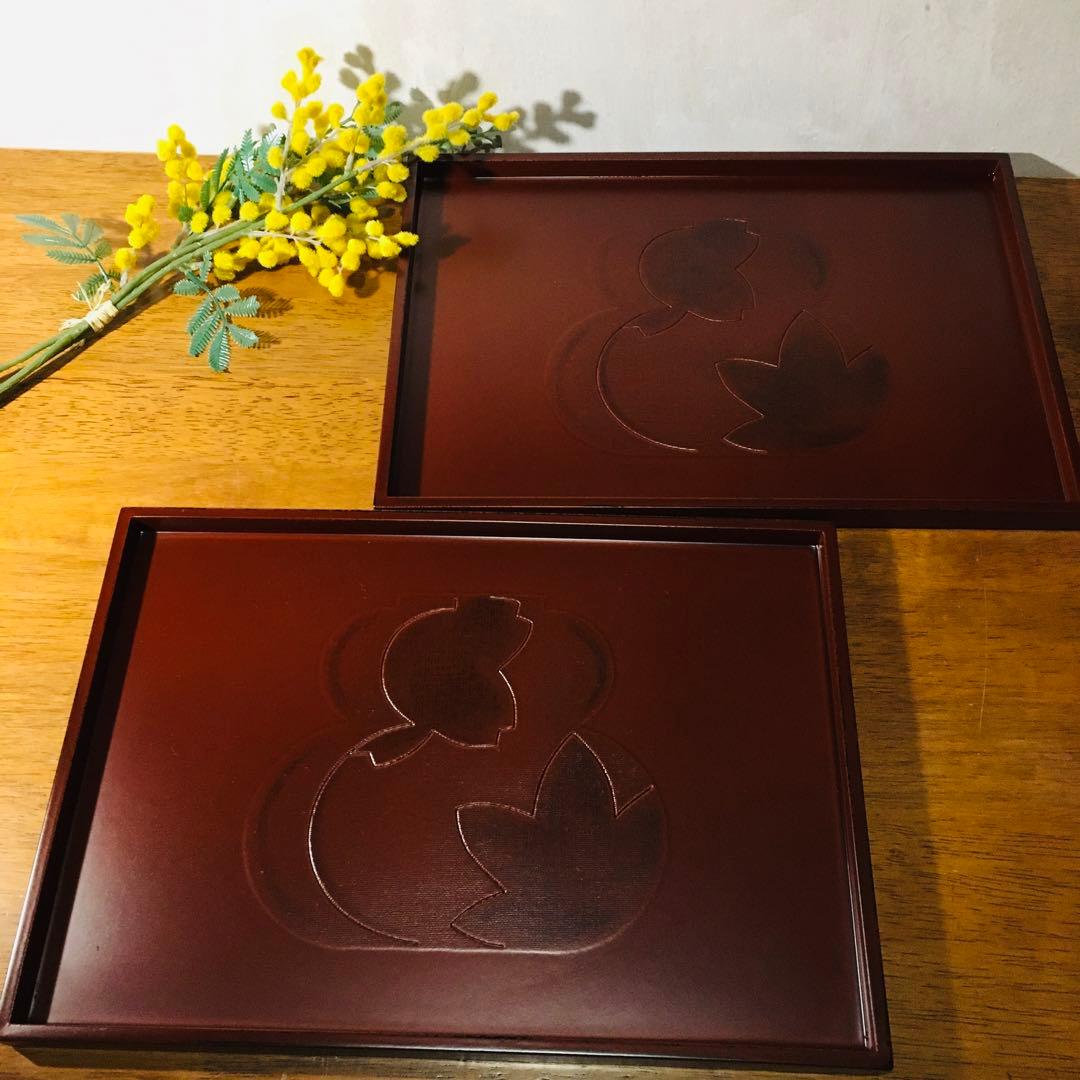 【伝統工芸】京都 漆器の井助　越前塗　根来 長手盆 布貼 瓢箪 春秋 2点セット