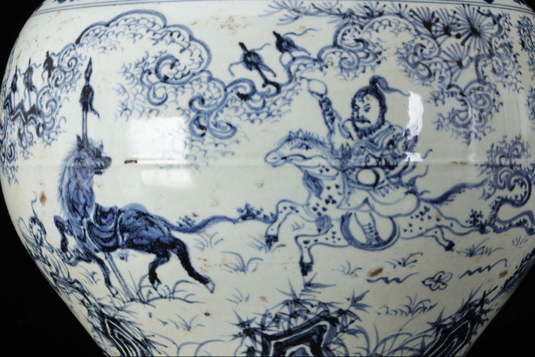 中国古玩 青花 染付 人物騎馬図 大壺30㎝ 飾壺 唐物 時代物 古美術 骨董品