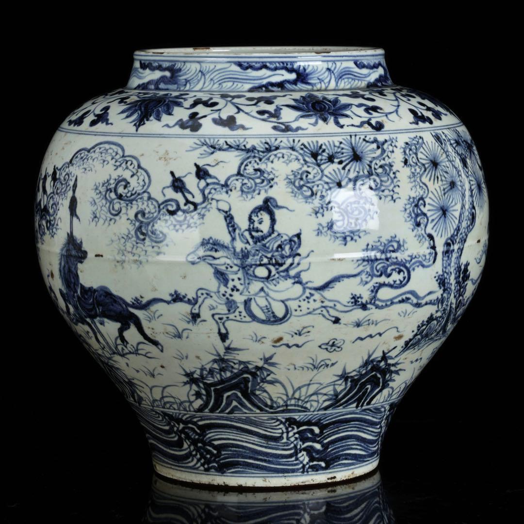 中国古玩 青花 染付 人物騎馬図 大壺30㎝ 飾壺 唐物 時代物 古美術 骨董品