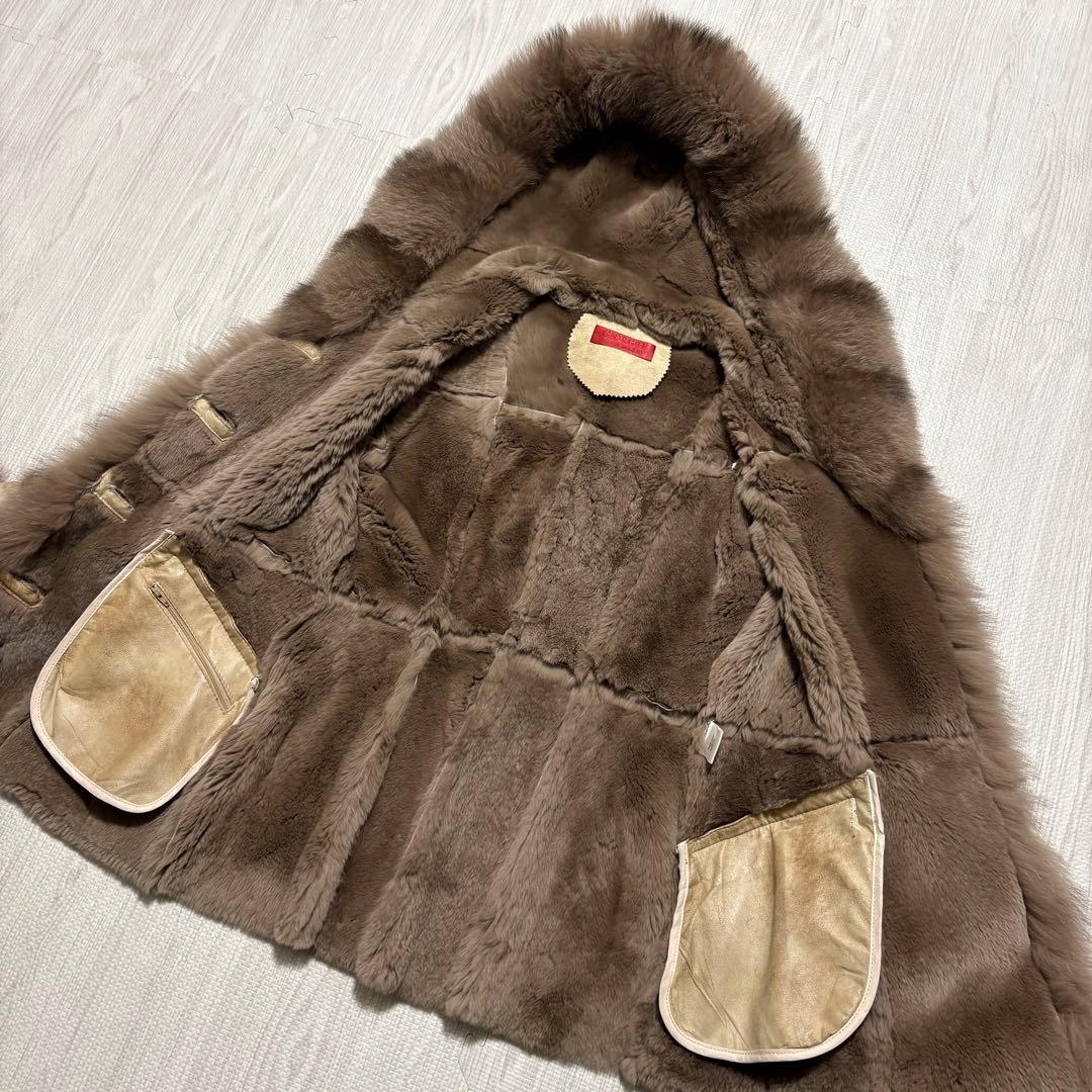 ラビット×フォックス リアルファー毛皮コート 40 ベージュ系 フード ベルト付