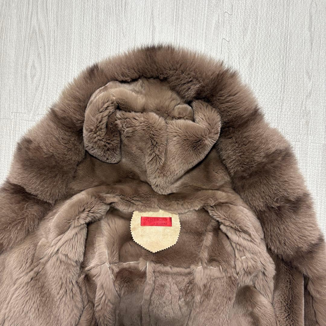 ラビット×フォックス リアルファー毛皮コート 40 ベージュ系 フード ベルト付