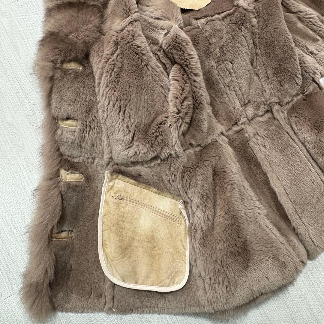 ラビット×フォックス リアルファー毛皮コート 40 ベージュ系 フード ベルト付