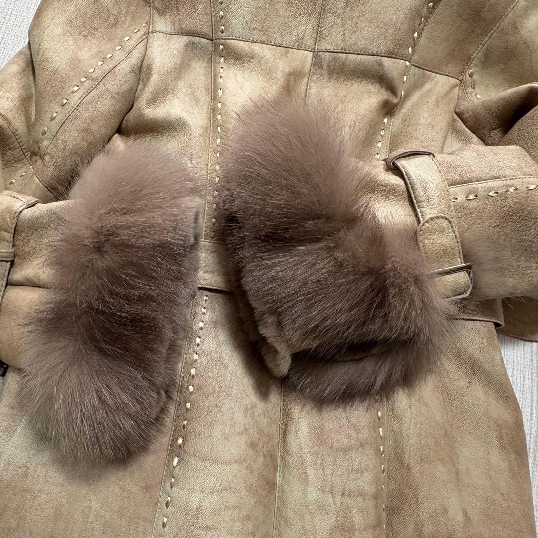 ラビット×フォックス リアルファー毛皮コート 40 ベージュ系 フード ベルト付