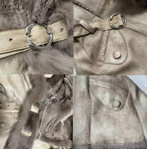 ラビット×フォックス リアルファー毛皮コート 40 ベージュ系 フード ベルト付