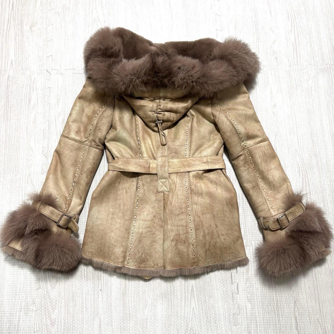 ラビット×フォックス リアルファー毛皮コート 40 ベージュ系 フード ベルト付