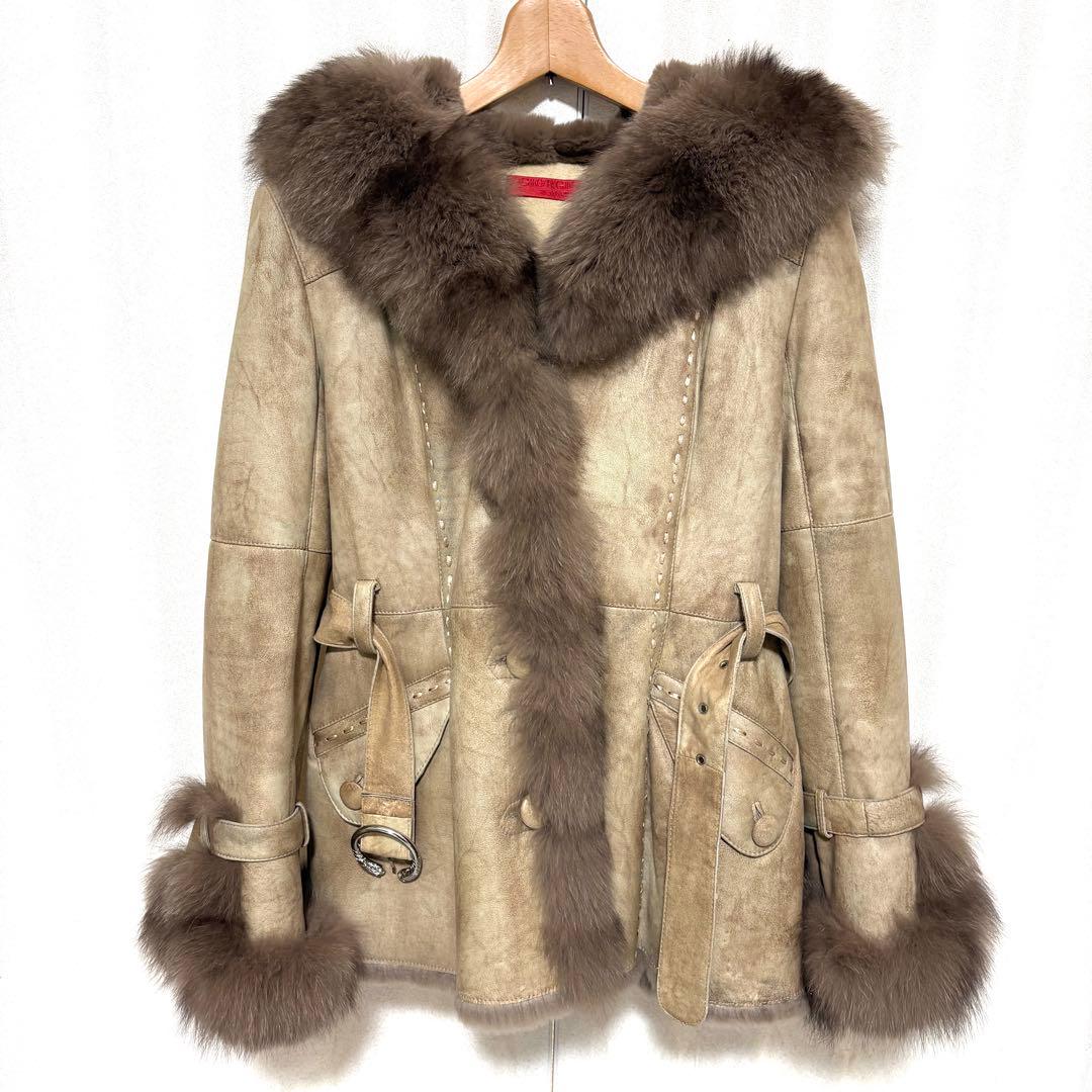 ラビット×フォックス リアルファー毛皮コート 40 ベージュ系 フード ベルト付
