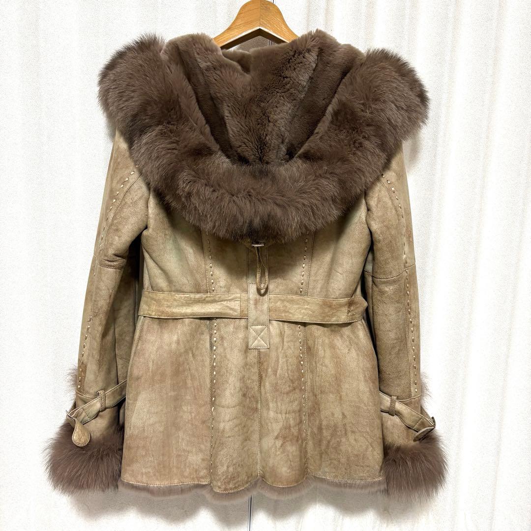 ラビット×フォックス リアルファー毛皮コート 40 ベージュ系 フード ベルト付