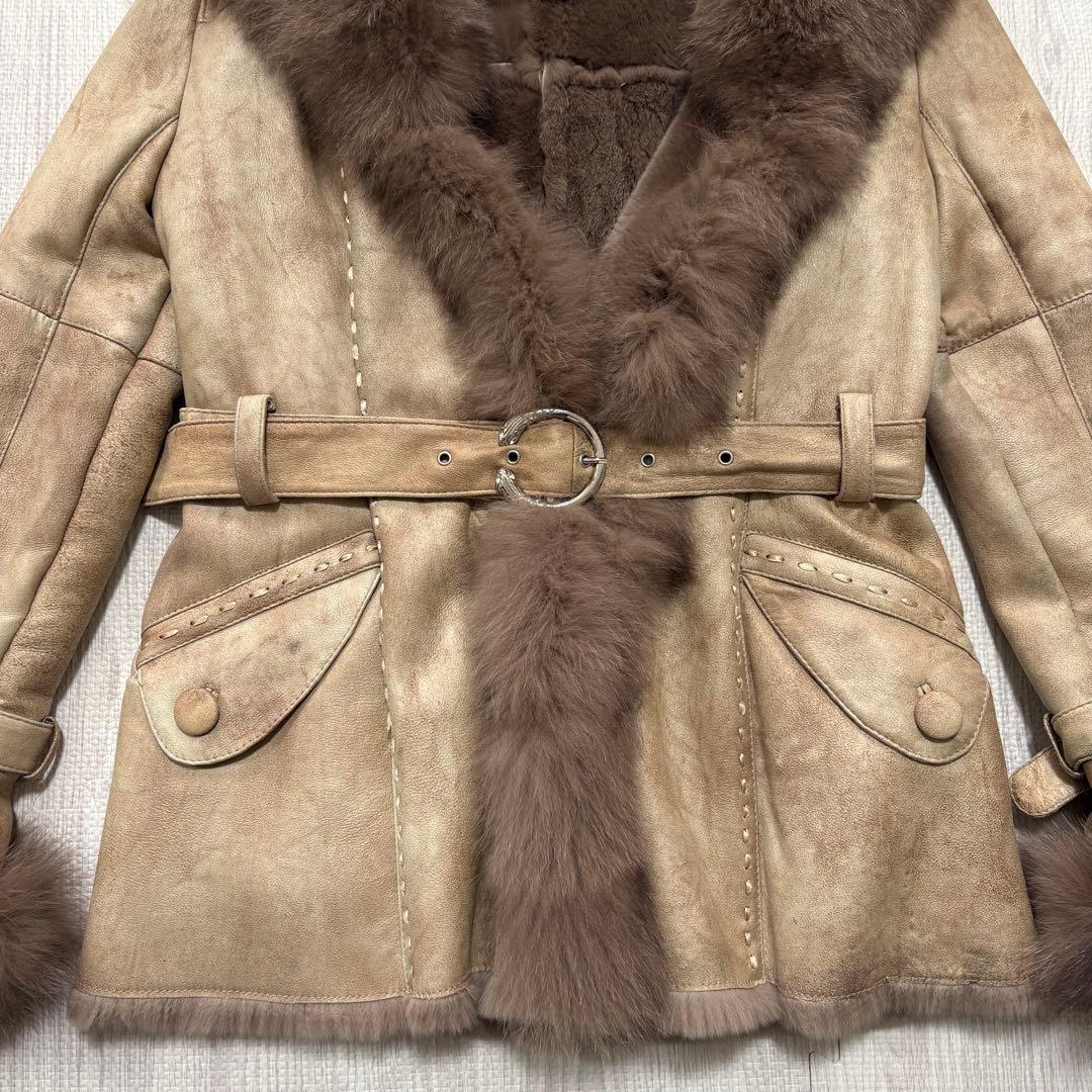 ラビット×フォックス リアルファー毛皮コート 40 ベージュ系 フード ベルト付