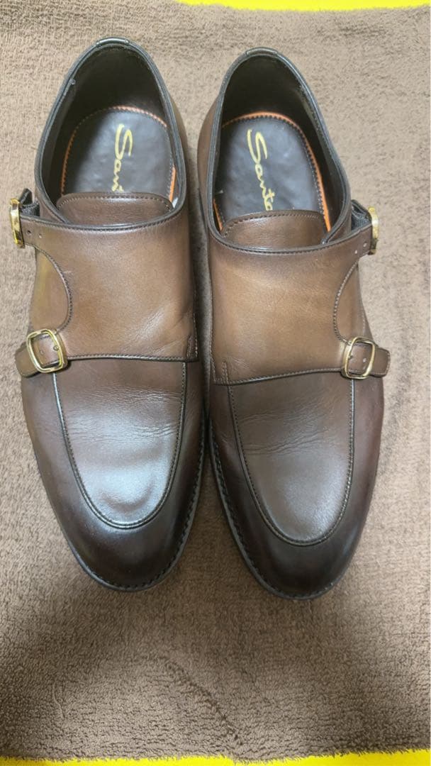 Santoni ブラウン ダブルモンクストラップシューズ