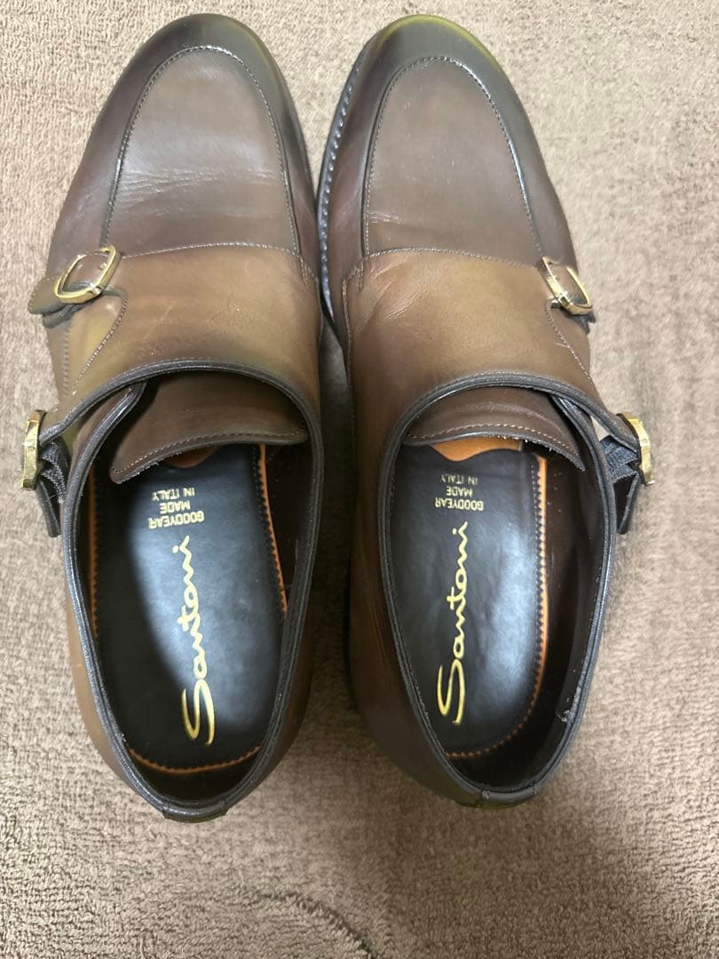 Santoni ブラウン ダブルモンクストラップシューズ