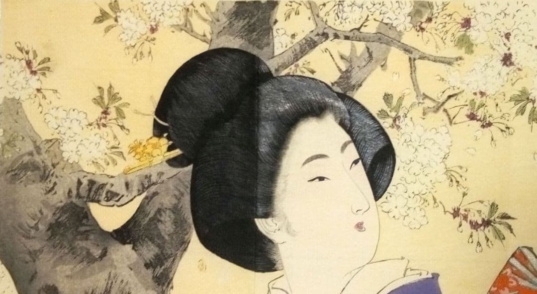 口絵木版画、小説日本女禮式大全の口絵二枚売りになります。水野年方と富岡永洗画