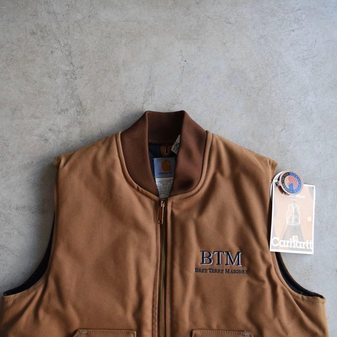 90s カーハート 企業刺繍 ダック ベスト 腰ゴム USA ベージュ L