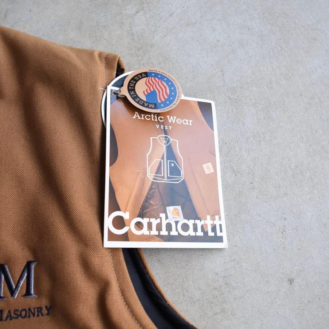 90s カーハート 企業刺繍 ダック ベスト 腰ゴム USA ベージュ L