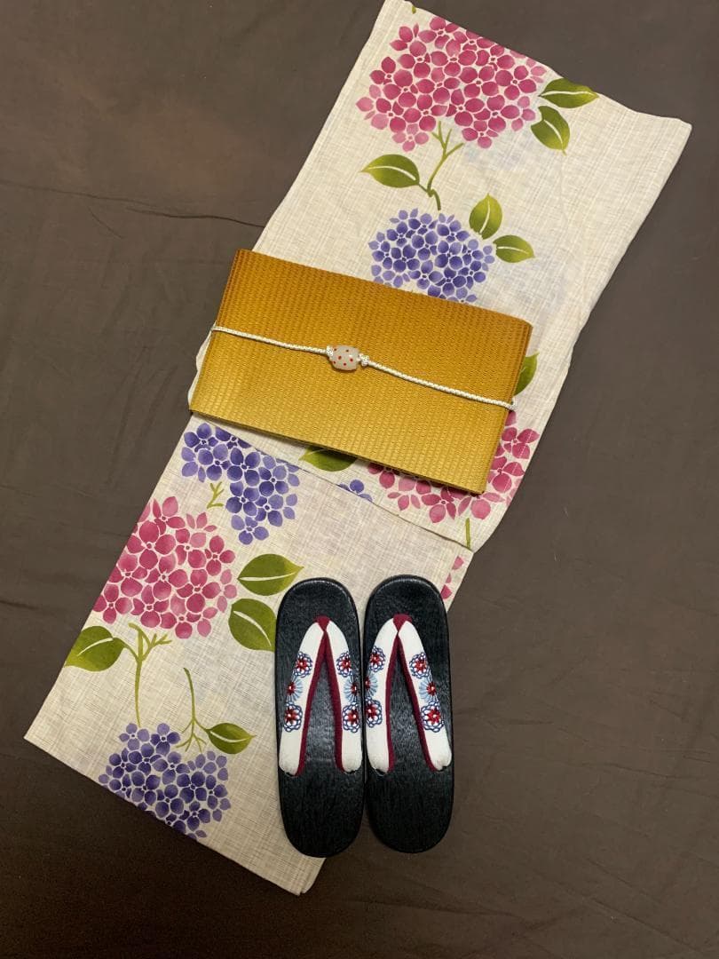 画像の帯つき◆最高級【綿麻浴衣】紫陽花（あじさい）のゆかた◆