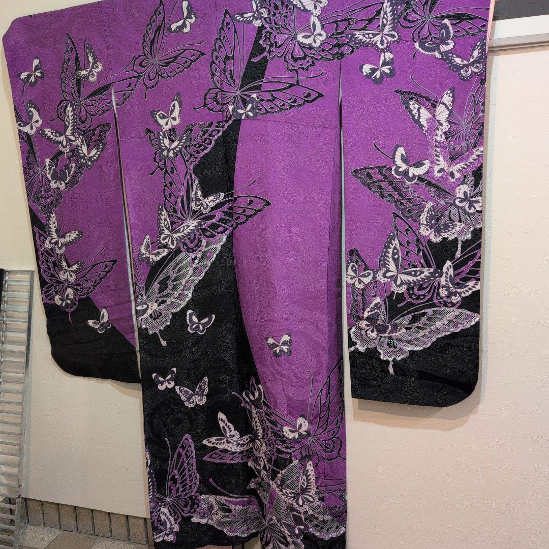 【美品】紫と黒の蝶模様の振袖＆帯のセット