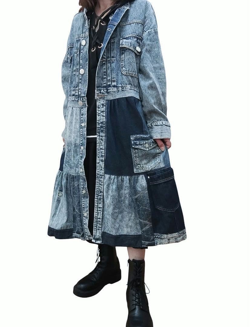 古着リメイク　Gジャンリメイクデニムパッチワークロングジャケット　ブリーチデニム