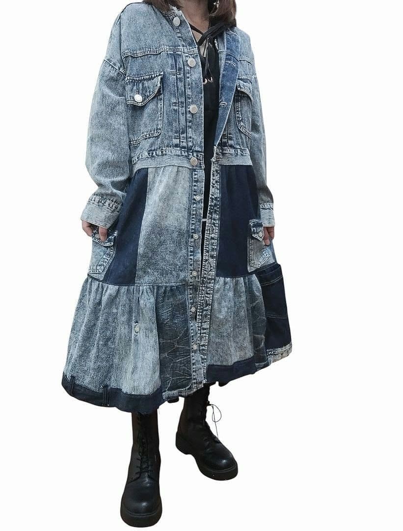 古着リメイク　Gジャンリメイクデニムパッチワークロングジャケット　ブリーチデニム