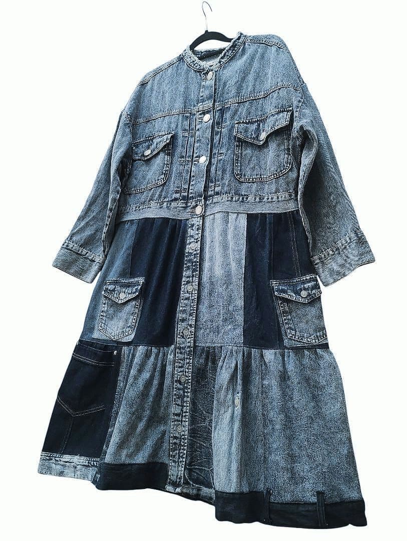 古着リメイク　Gジャンリメイクデニムパッチワークロングジャケット　ブリーチデニム