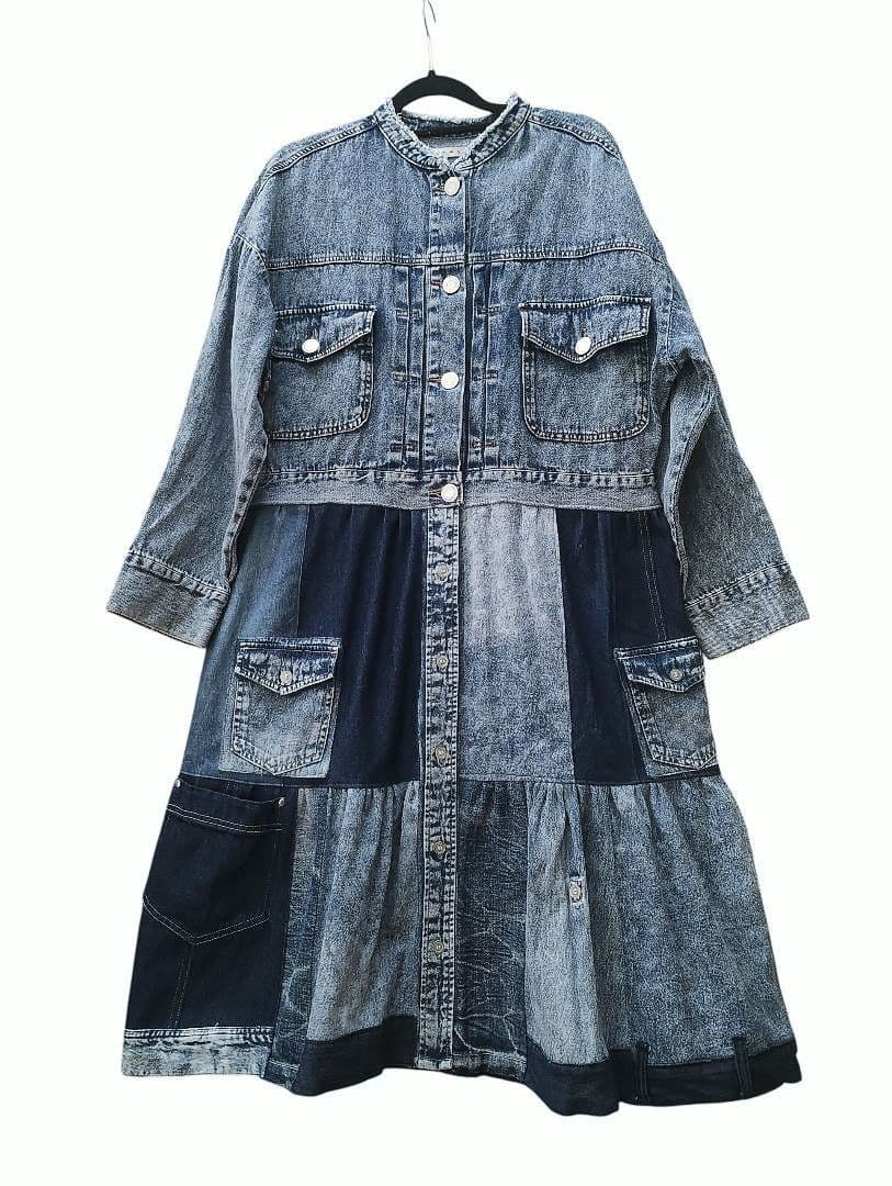 古着リメイク　Gジャンリメイクデニムパッチワークロングジャケット　ブリーチデニム