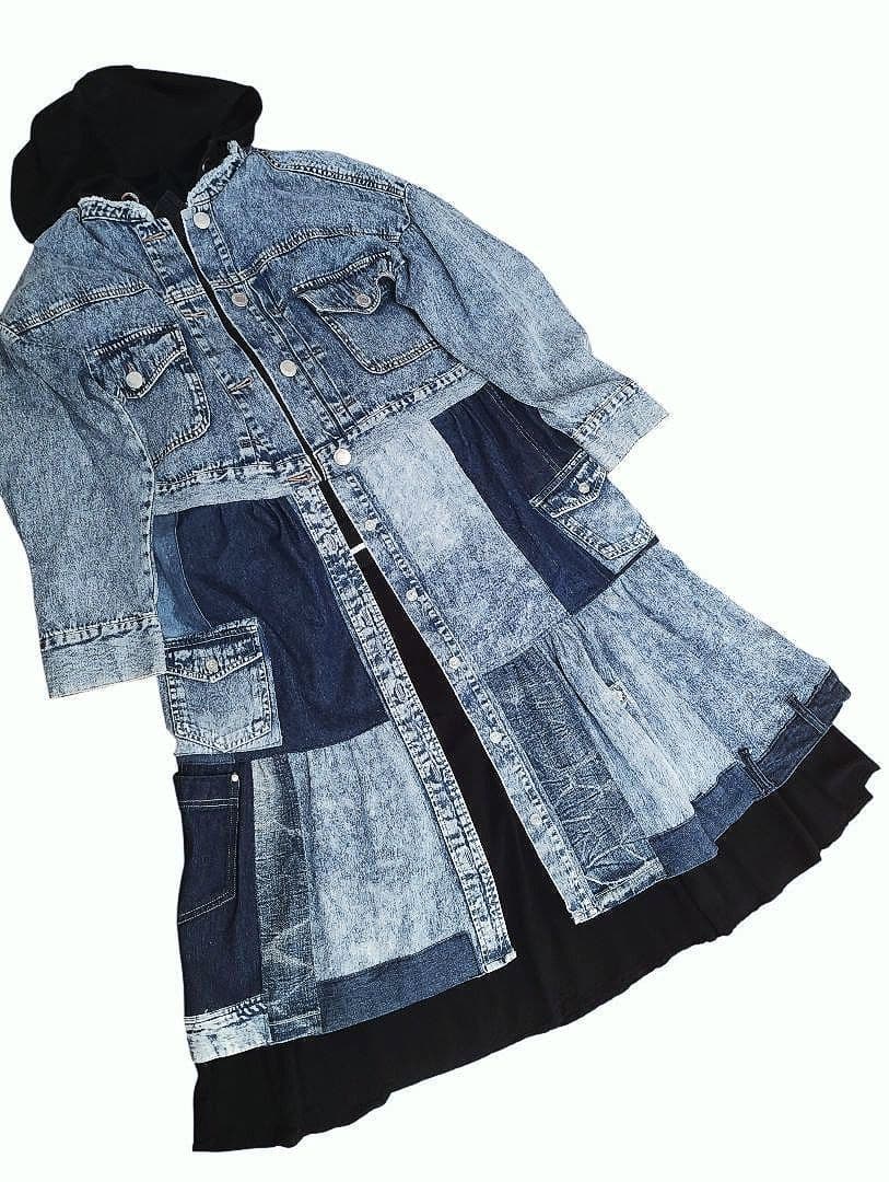 古着リメイク　Gジャンリメイクデニムパッチワークロングジャケット　ブリーチデニム