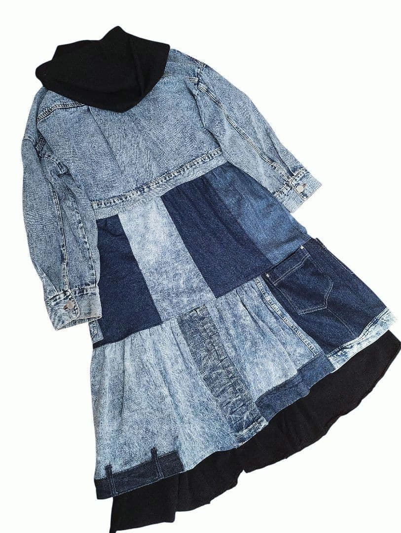 古着リメイク　Gジャンリメイクデニムパッチワークロングジャケット　ブリーチデニム