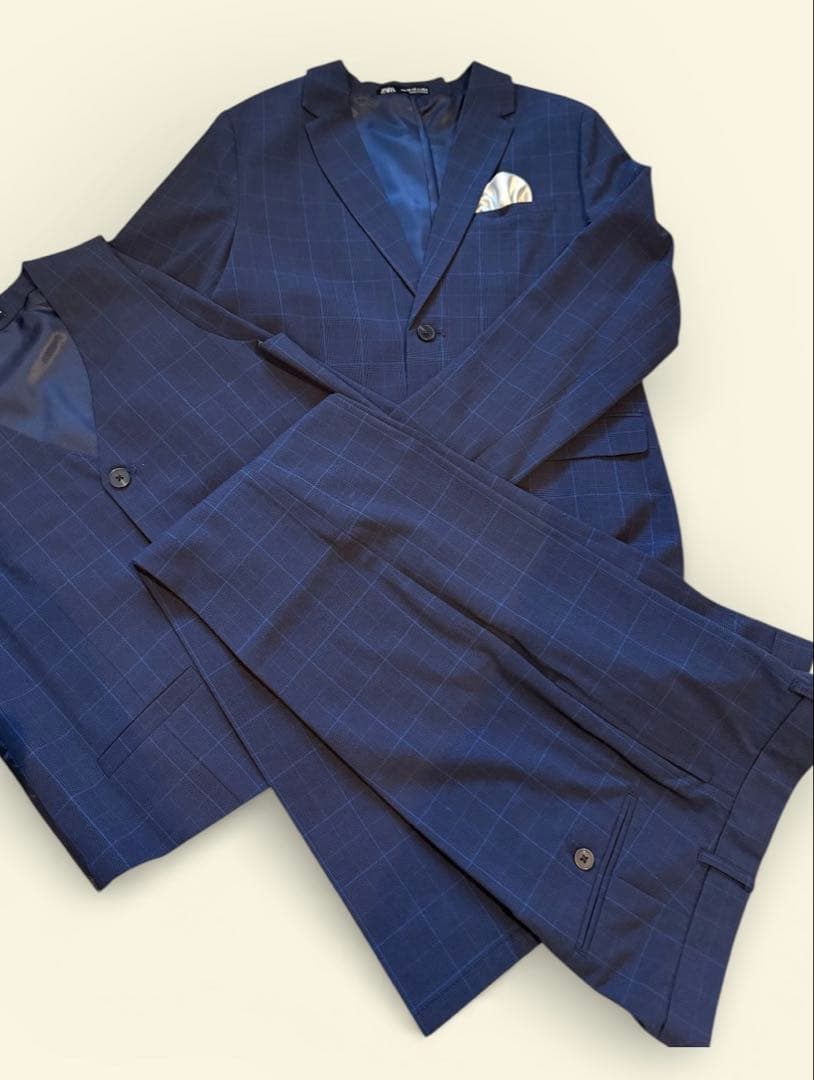 ZARA ネイビー チェック柄 スーツ３点セット　164cm