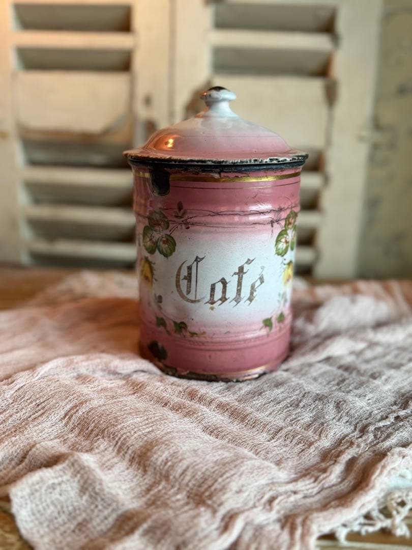 フランスアンティークホーロー激レアピンクの薔薇模様cafeキャニスター