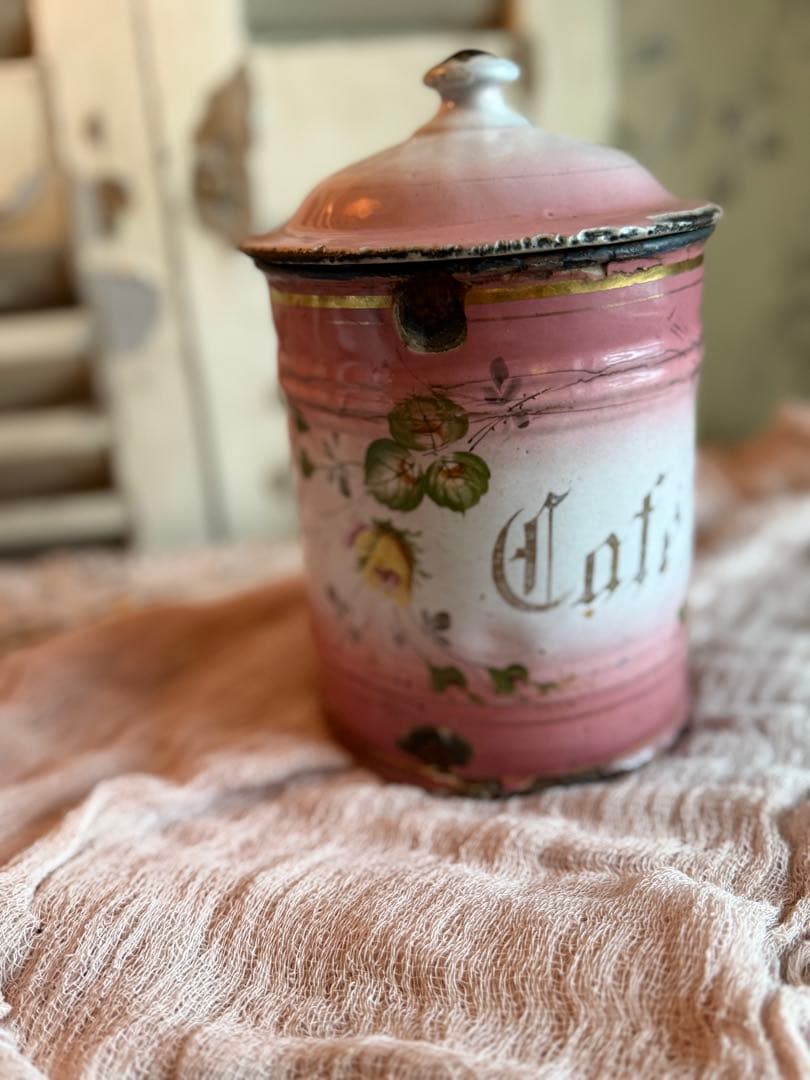 フランスアンティークホーロー激レアピンクの薔薇模様cafeキャニスター