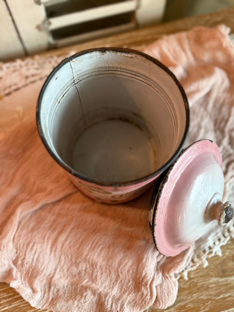 フランスアンティークホーロー激レアピンクの薔薇模様cafeキャニスター