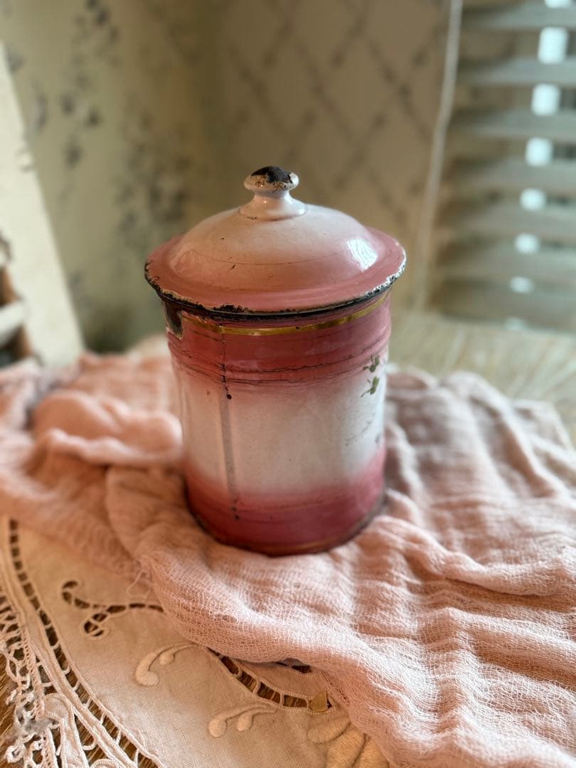 フランスアンティークホーロー激レアピンクの薔薇模様cafeキャニスター