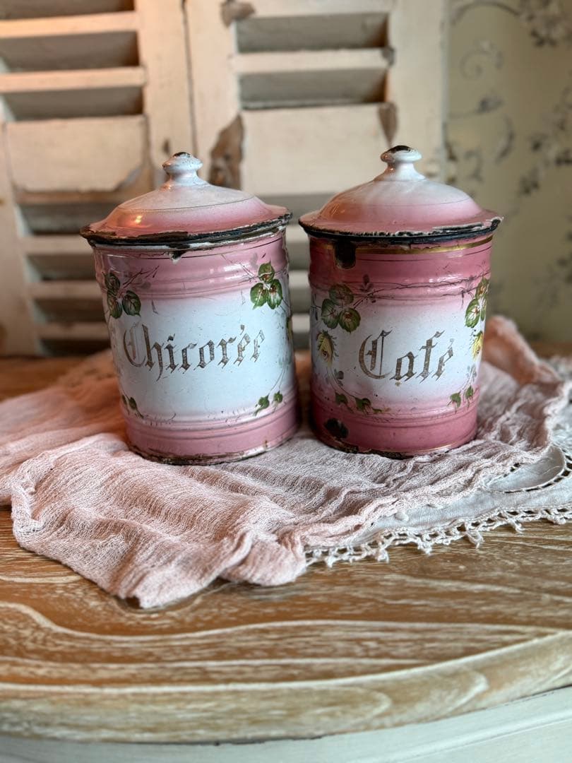 フランスアンティークホーロー激レアピンクの薔薇模様cafeキャニスター