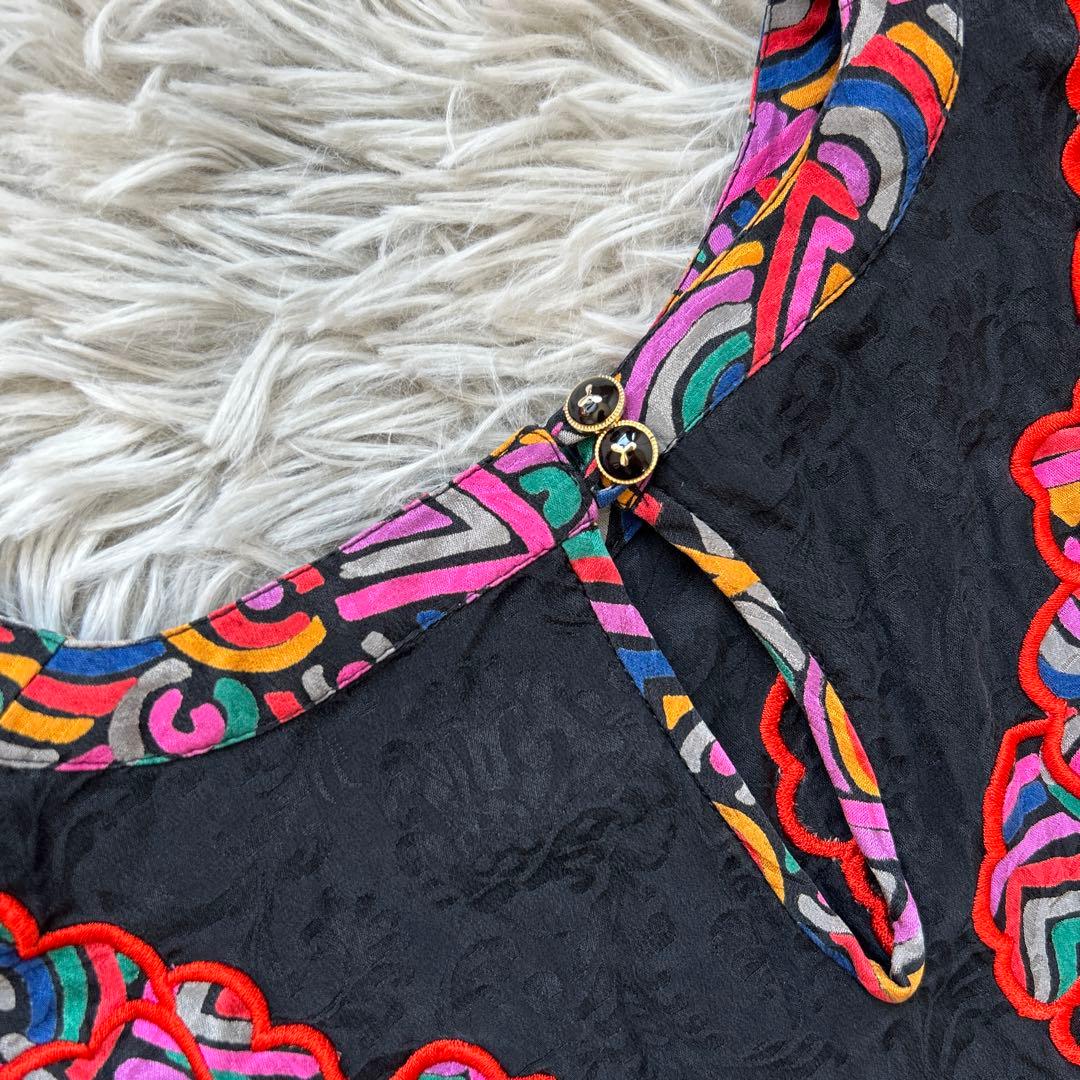 【美品】Diane Freis バルーンスリーブ総柄ワンピース レッド系 シルク