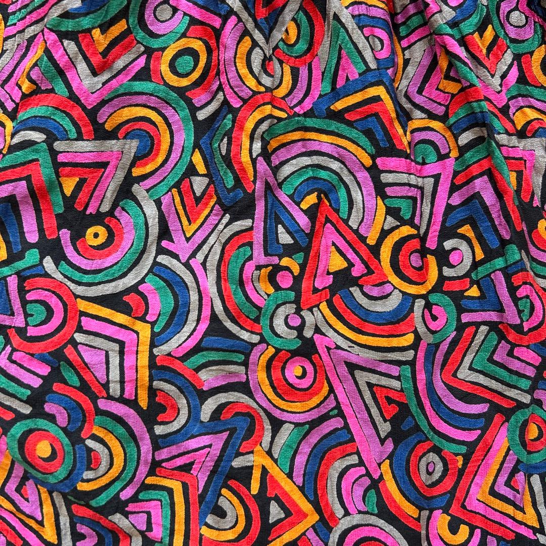 【美品】Diane Freis バルーンスリーブ総柄ワンピース レッド系 シルク