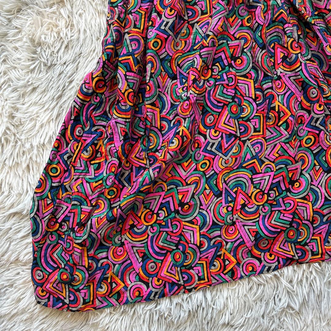 【美品】Diane Freis バルーンスリーブ総柄ワンピース レッド系 シルク