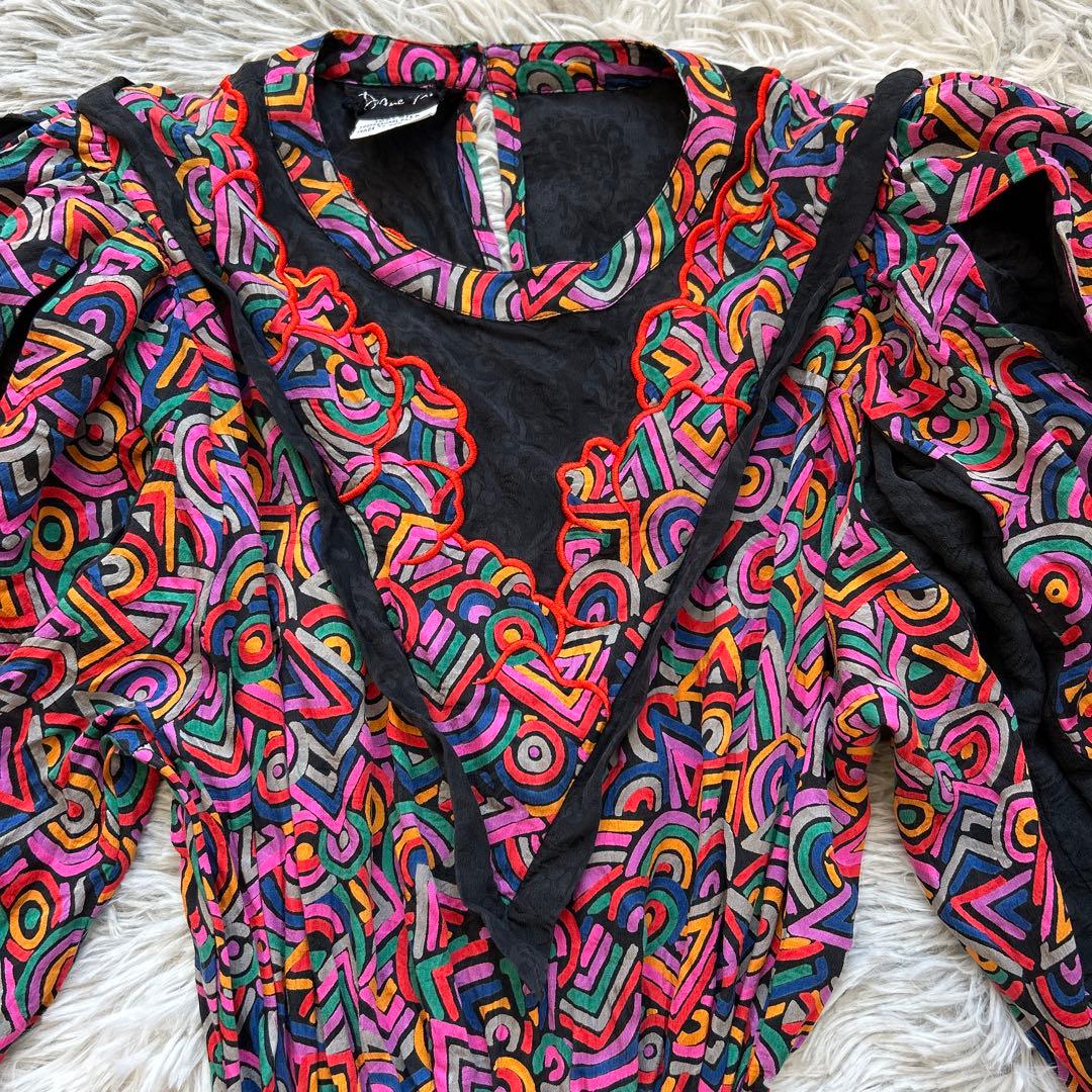 【美品】Diane Freis バルーンスリーブ総柄ワンピース レッド系 シルク