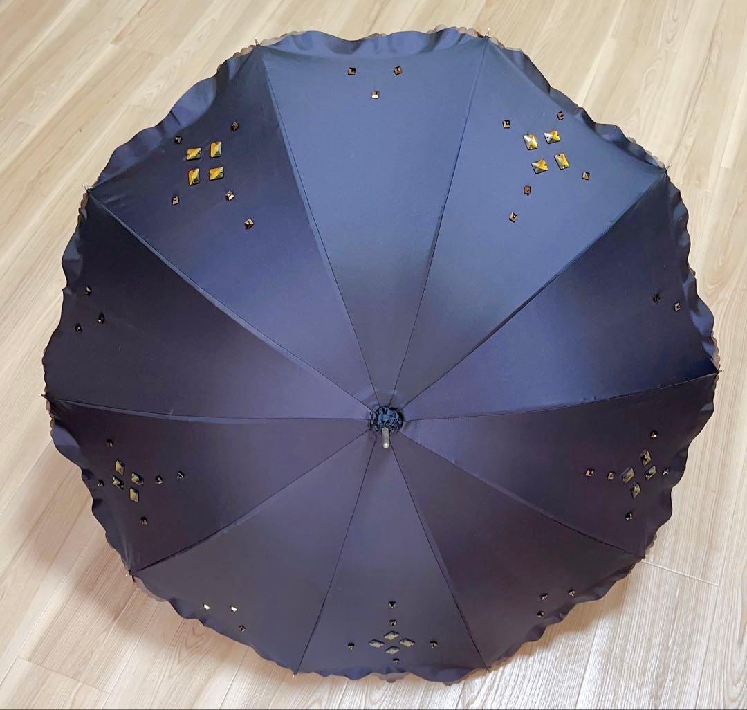 ダークブルー 装飾付き 長傘 晴雨兼用