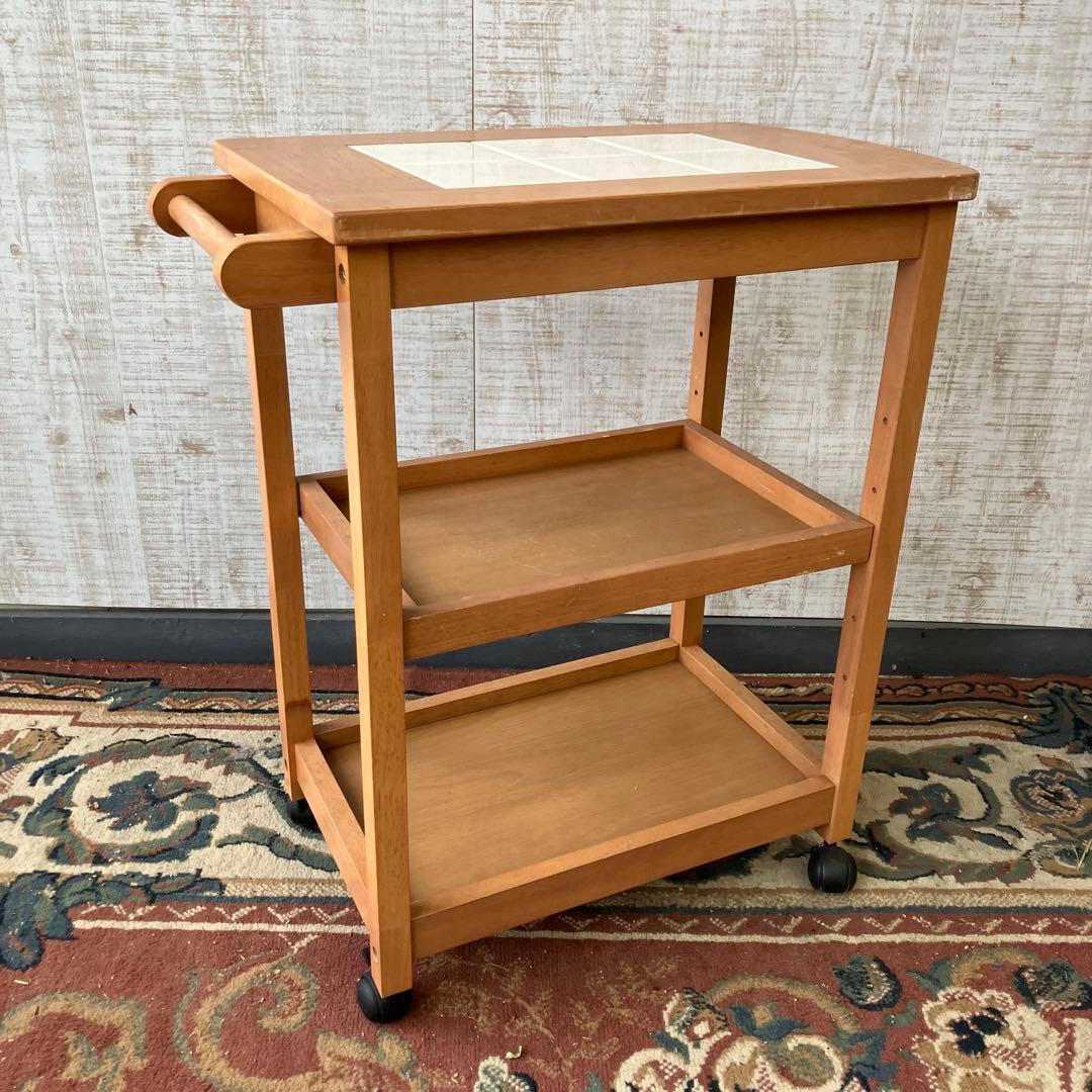 昭和レトロ タイル張り 木製キッチンワゴン キャスター付き キッチンカート